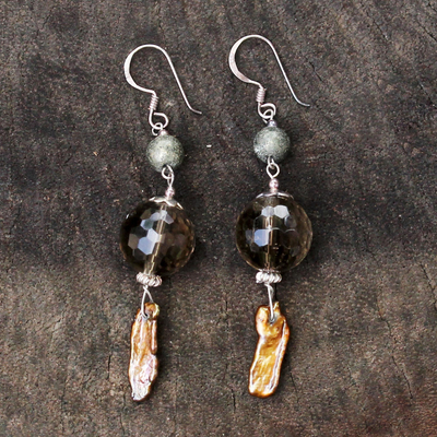 Pearl and smoky quartz dangle earrings, 'Beautiful Exotic' - Pearl and smoky quartz dangle earrings