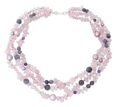 Collar de perlas y cuarzo rosa - Gargantilla de Cuarzo Rosa y Perlas