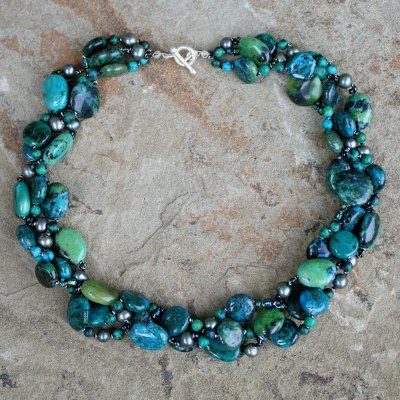 Pearl choker, 'Sea Breeze' - Beaded Serpentine and Pearl Choker Necklace