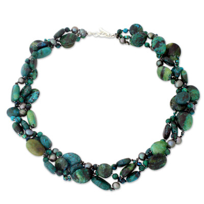 Pearl choker, 'Sea Breeze' - Beaded Serpentine and Pearl Choker Necklace