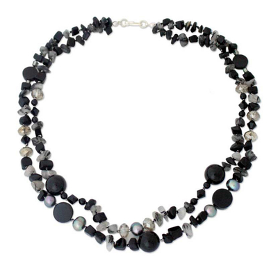 Perlenkette aus Onyx und Turmalinquarz - Halskette aus Perlenquarz und Onyx