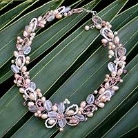 Pearl and rose quartz choker, 'Honey Peach' - Pearl and Rose Quartz Flower Necklace