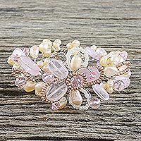 Pearl and rose quartz floral bracelet, 'Honey Peach' - Pearl and Rose Quartz Flower Bracelet