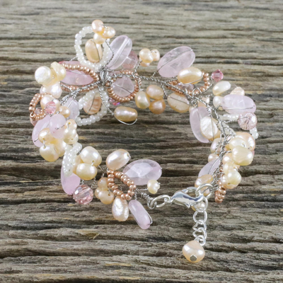 Pearl and rose quartz floral bracelet, 'Honey Peach' - Pearl and Rose Quartz Flower Bracelet