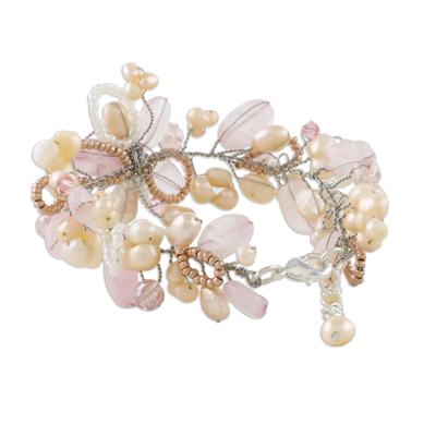 Pearl and rose quartz floral bracelet, 'Honey Peach' - Pearl and Rose Quartz Flower Bracelet