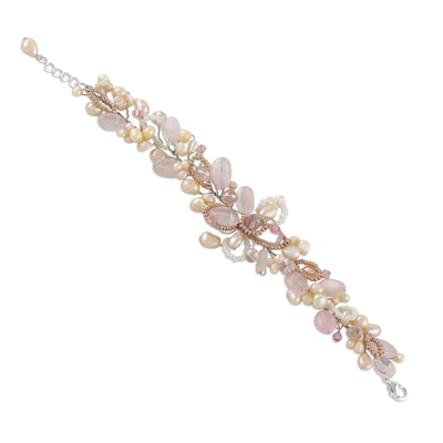 Pulsera floral de perlas y cuarzo rosa - Pulsera Flor de Perla y Cuarzo Rosa