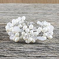 Pearl and quartz beaded bracelet, 'Bridal Bouquet' - Handcrafted Bridal Quartz and Pearl Bracelet