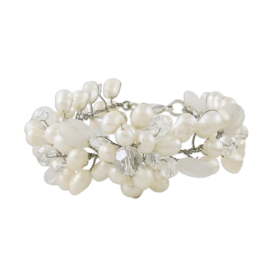 Pearl and quartz beaded bracelet, 'Bridal Bouquet' - Handcrafted Bridal Quartz and Pearl Bracelet