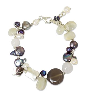 Pearl and moonstone beaded bracelet, 'Midnight Sea' - Beaded Quartz and Pearl Bracelet