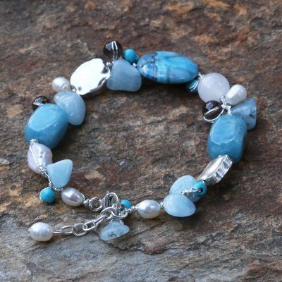 Pearl and aquamarine beaded bracelet, 'Blue Islands' - Fair Trade Multigem Beaded Bracelet
