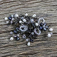 Pearl and smoky quartz brooch pin, 'Shadow Garden' - Handcrafted Floral Smoky Quartz Brooch Pin
