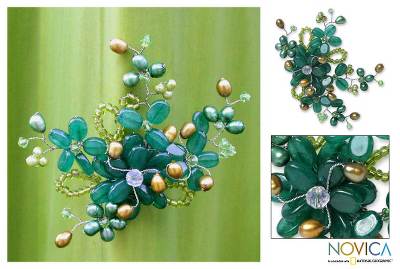 Pearl brooch pin, 'Floral Mint' - Handcrafted Floral Quartz Brooch Pin