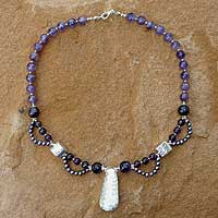 Pearl and amethyst pendant necklace, 'Hill Tribe Dancer' - Pearl and amethyst pendant necklace