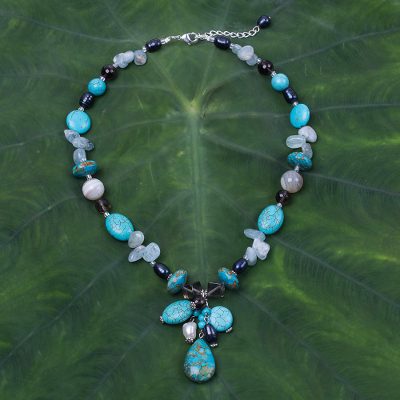 Multi-gemstone beaded choker, 'Sky Goddess' - Hand Crafted Pearl and Kyanite Choker