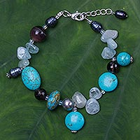 Multi-gemstone beaded bracelet, 'Sky Goddess' - Pearl and Kyanite Beaded Bracelet