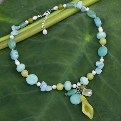 Pearl and aquamarine choker, 'Goddess' - Artisan Crafted Thai Choker