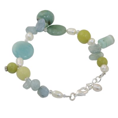 Pearl and aquamarine bracelet, 'Goddess' - Unique Beaded Multigem Bracelet