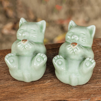 Celadon ceramic statuettes, 'Playful Kitties' (pair) - Celadon Ceramic Cat Statuettes (Pair)