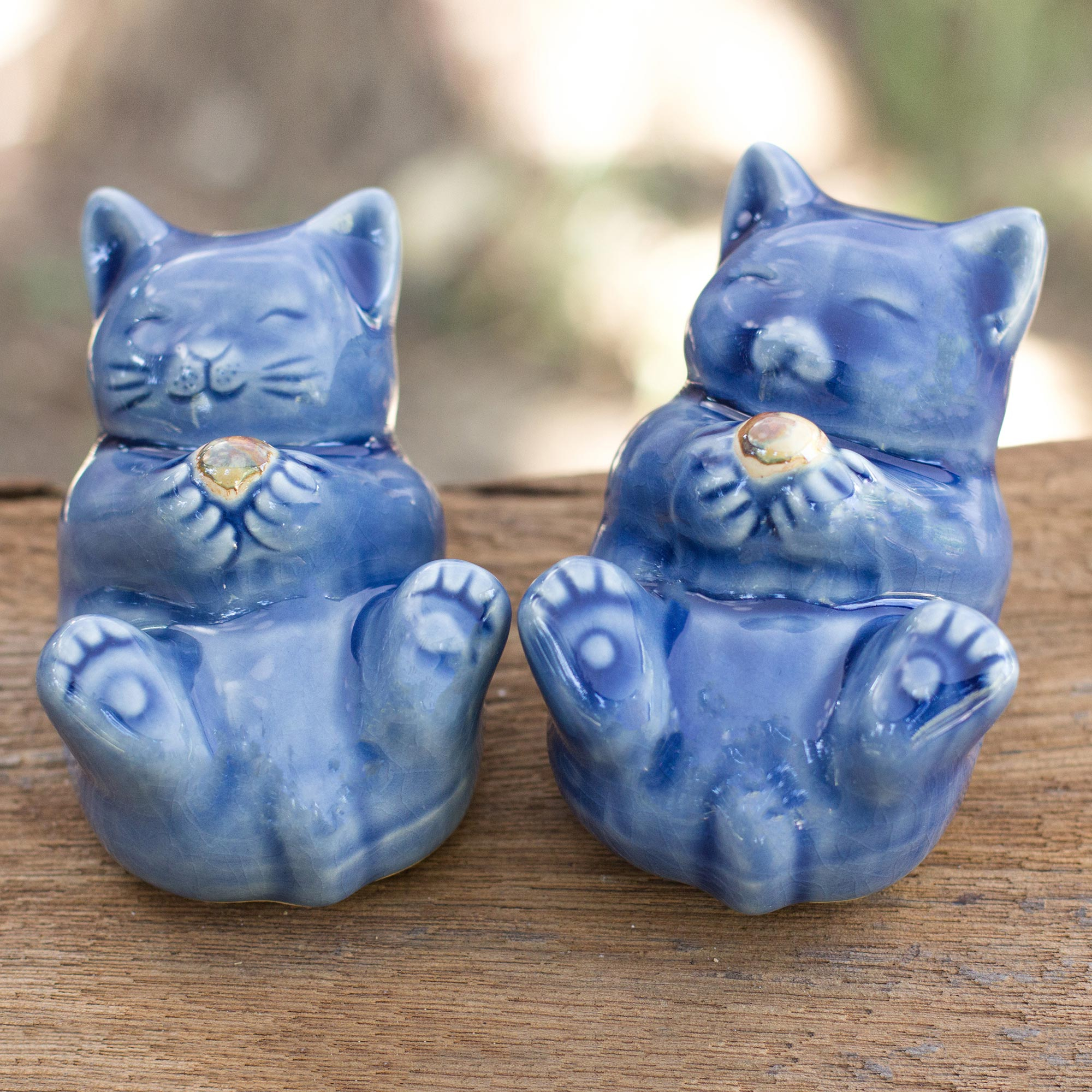 Hand Made Celadon Ceramic Cat Figurines (Pair) - Happy Kitties | NOVICA