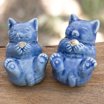 Celadon ceramic statuettes, 'Happy Kitties' (pair) - Hand Made Celadon Ceramic Cat Figurines (Pair)