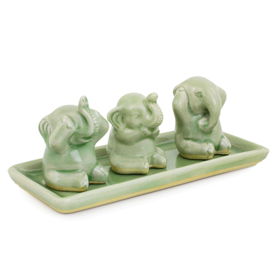 Celadon ceramic figurines, 'Elephant Life Lessons' (set of 3) - Celadon ceramic figurines (Set of 3)