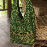 Cotton sling tote bag, 'Royal Thai Emerald' - Unique Hand Made Cotton Sling-Style Handbag