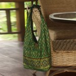 Cotton sling tote bag, 'Royal Thai Emerald' - Hand Crafted Cotton Sling Handbag from Thailand
