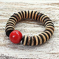 Coconut shell beaded bracelet, 'Cherry Coco'