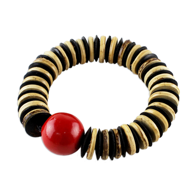 Coconut shell beaded bracelet, 'Cherry Coco' - Unique Coconut Shell Stretch Bracelet