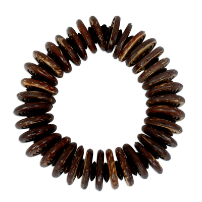 Coconut shell beaded bracelet, 'Natural Coco' - Hand Made Coconut Shell Stretch Bracelet