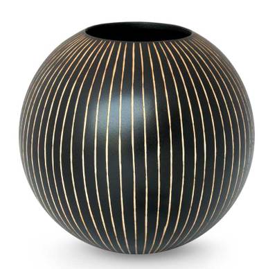 Mango wood vase, 'Black Deco Globe' - Modern Mango Wood Vase from Thailand