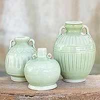 Celadon ceramic vases, 'Sawankhalok Meadows' (set of 3) - Celadon Ceramic Vases (Set of 3)