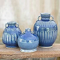 Celadon ceramic vases, 'Sawankhalok Sky' (set of 3) - Celadon Ceramic Blue Vases (Set of 3)