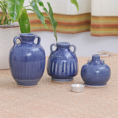 Celadon ceramic vases, 'Sawankhalok Sky' (set of 3) - Celadon Ceramic Blue Vases (Set of 3)
