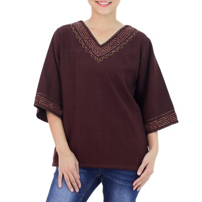 Cotton blouse, 'Lanna Nymph' - Brown Cotton Embroidered Blouse