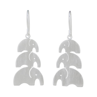 Sterling silver dangle earrings, 'Elephant Love' - Brushed Sterling Silver Dangle Earrings from Thailand