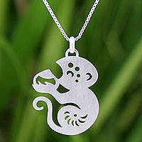 Sterling silver pendant necklace, 'Chinese Zodiac Monkey'