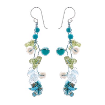 Pearl and peridot flower earrings, 'Symphony in Blue' - Pearl and Quartz Beaded Earrings