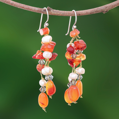 Pearl and carnelian dangle earrings, 'Orange Ice' - Hand Crafted Beaded Carnelian Earrings