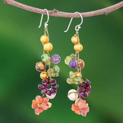 Pearl and amethyst drop earrings, 'Tropical Symphony' - Handmade Multigem Dangle Earrings