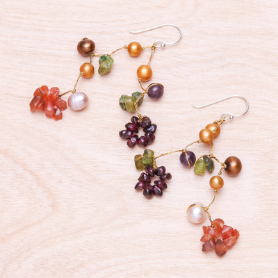 Pearl and amethyst drop earrings, 'Tropical Symphony' - Handmade Multigem Dangle Earrings