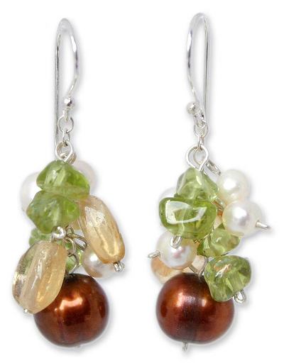 Pearl and peridot dangle earrings, 'Shimmering Cinnamon' - Hand Crafted Pearl Dangle Earrings