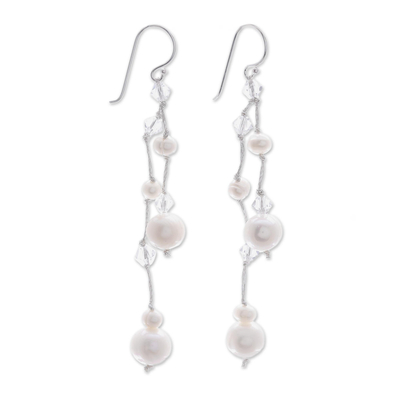 Pearl dangle earrings, 'White Iridescence' - Bridal Pearl Waterfall Earrings from Thailand