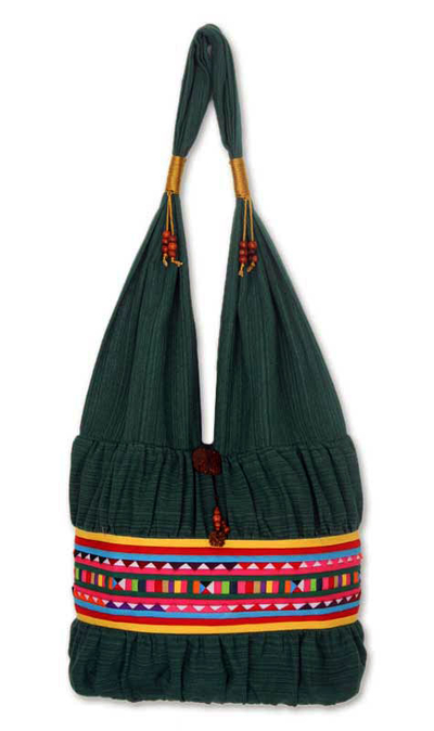 Cotton sling tote handbag - Lisu Evergreen | NOVICA