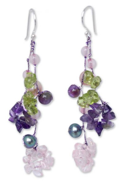 Pearl and peridot flower earrings, 'Floral Symphony' - Handcrafted Pearl and Peridot Flower Earrings
