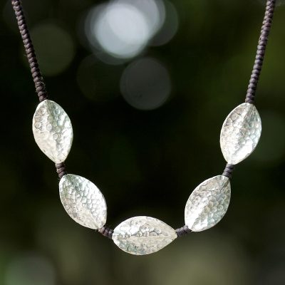 Silver pendant necklace, 'Dancing Leaves' - Unique Braided Cord Silver Necklace