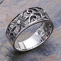 Unique Floral Sterling Silver Band Ring,'Petite Blossom'