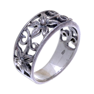 Sterling silver flower ring, 'Petite Blossom' - Unique Floral Sterling Silver Band Ring