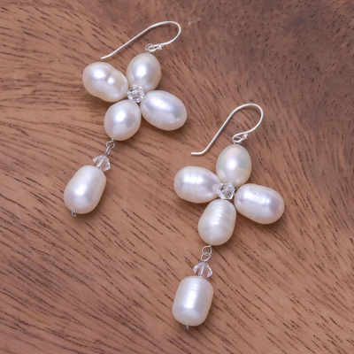 Pearl flower earrings, 'Lucky Morning Clover' - Fair Trade Floral Pearl Earrings