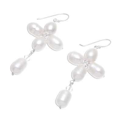 Pearl flower earrings, 'Lucky Morning Clover' - Fair Trade Floral Pearl Earrings